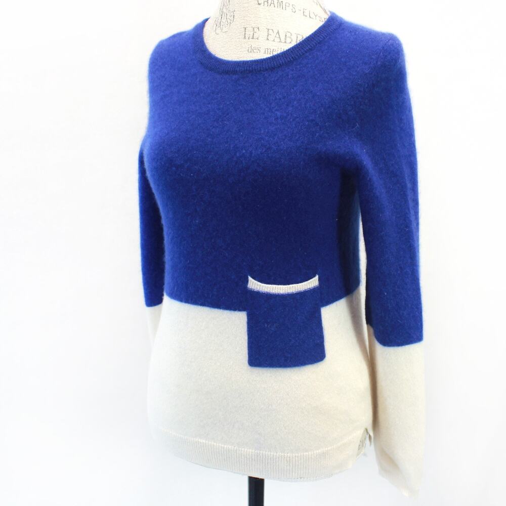 Every 100% Cashmere Knit Sweater Pullover Blue White Cozy Preppy Pocket XS